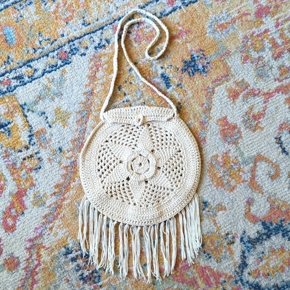 Handmade Bohemian Floral Woven Crochet Tassel Trim Circle Crossbody Bag Cream S - Picture 2 of 10